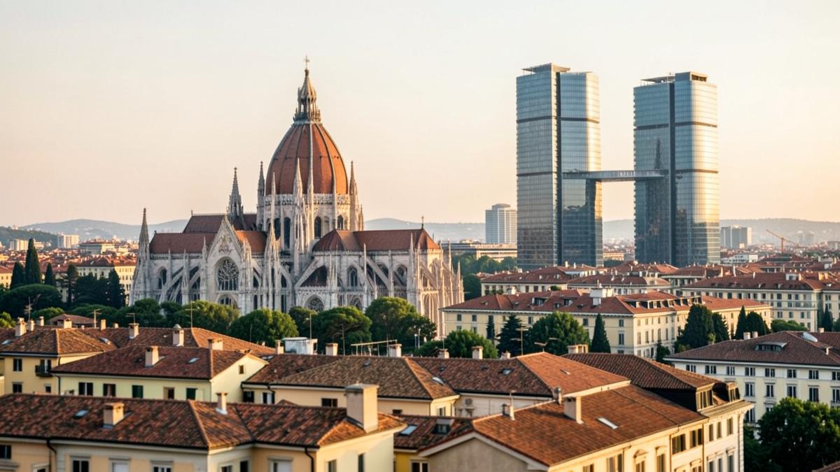 Skyline di Milano tra tetti in terracotta, cattedrale e grattacieli moderni